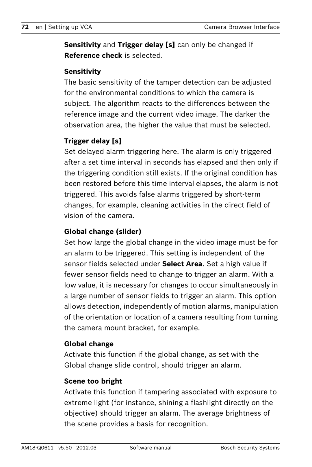 Bosch Appliances FW5.50 software manual Trigger delay s, Global change slider, Scene too bright 