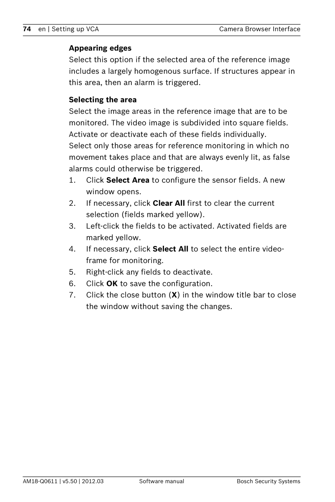 Bosch Appliances FW5.50 software manual Appearing edges, Selecting the area 