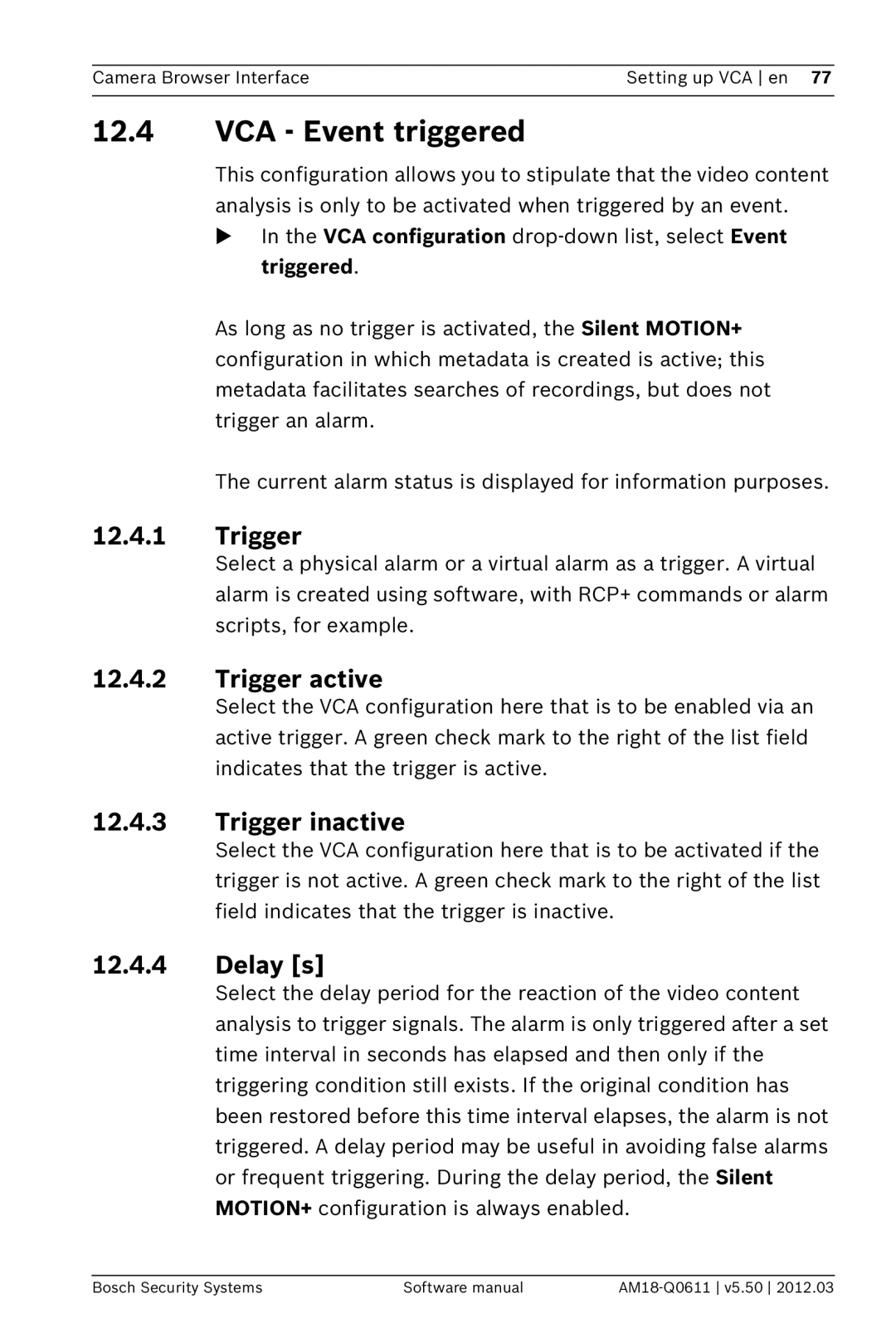 Bosch Appliances FW5.50 software manual VCA Event triggered, Trigger active, Trigger inactive, Delay s 