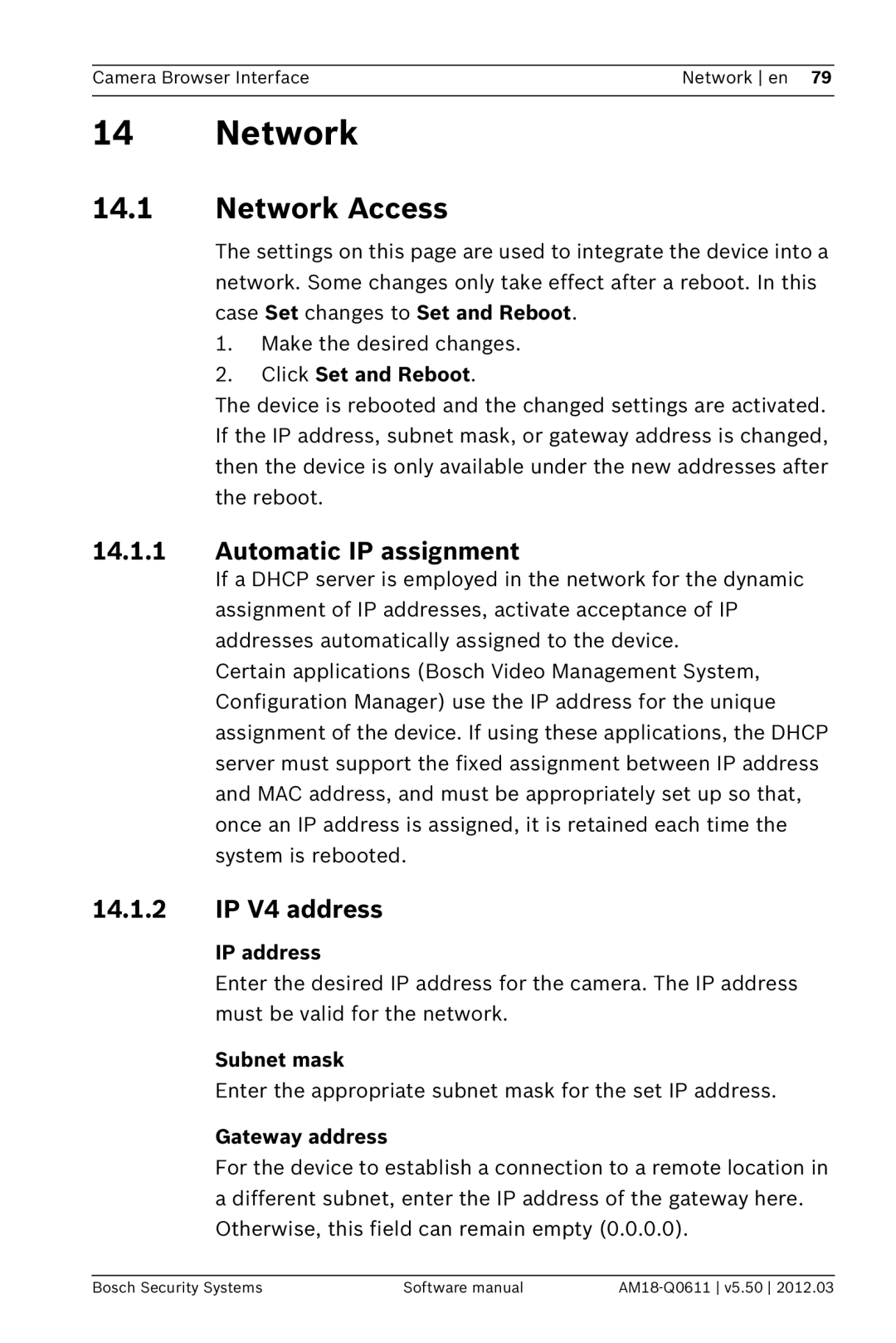 Bosch Appliances FW5.50 software manual Network Access, Automatic IP assignment, IP V4 address 