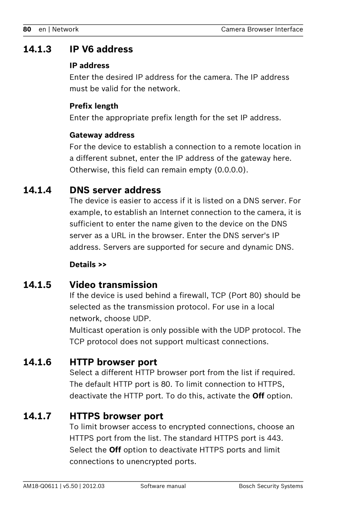 Bosch Appliances FW5.50 software manual IP V6 address, DNS server address, Http browser port, Https browser port 