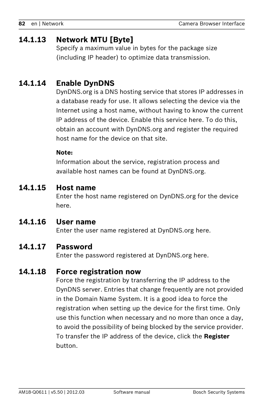 Bosch Appliances FW5.50 software manual Network MTU Byte, Enable DynDNS, Host name, User name, Force registration now 