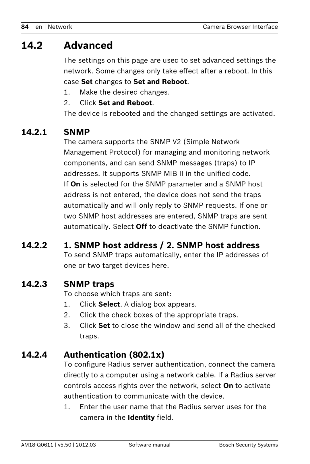 Bosch Appliances FW5.50 Advanced, 14.2.2 1. Snmp host address / 2. Snmp host address, Snmp traps, Authentication 