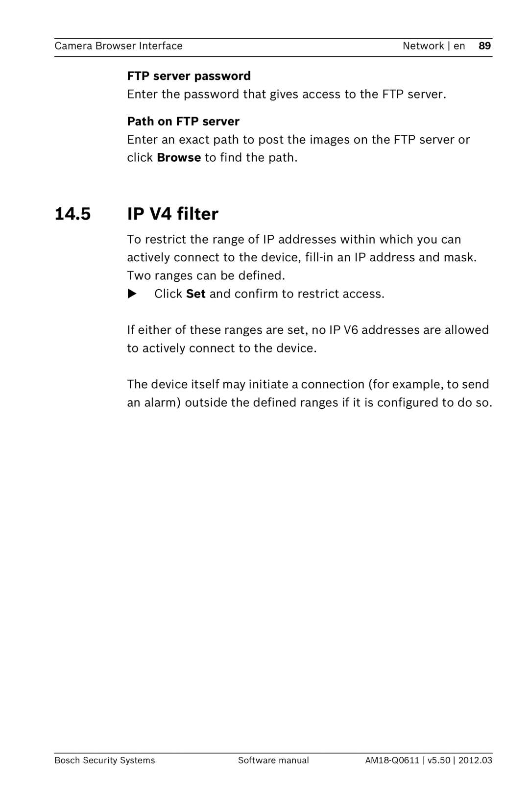 Bosch Appliances FW5.50 software manual IP V4 filter, FTP server password, Path on FTP server 