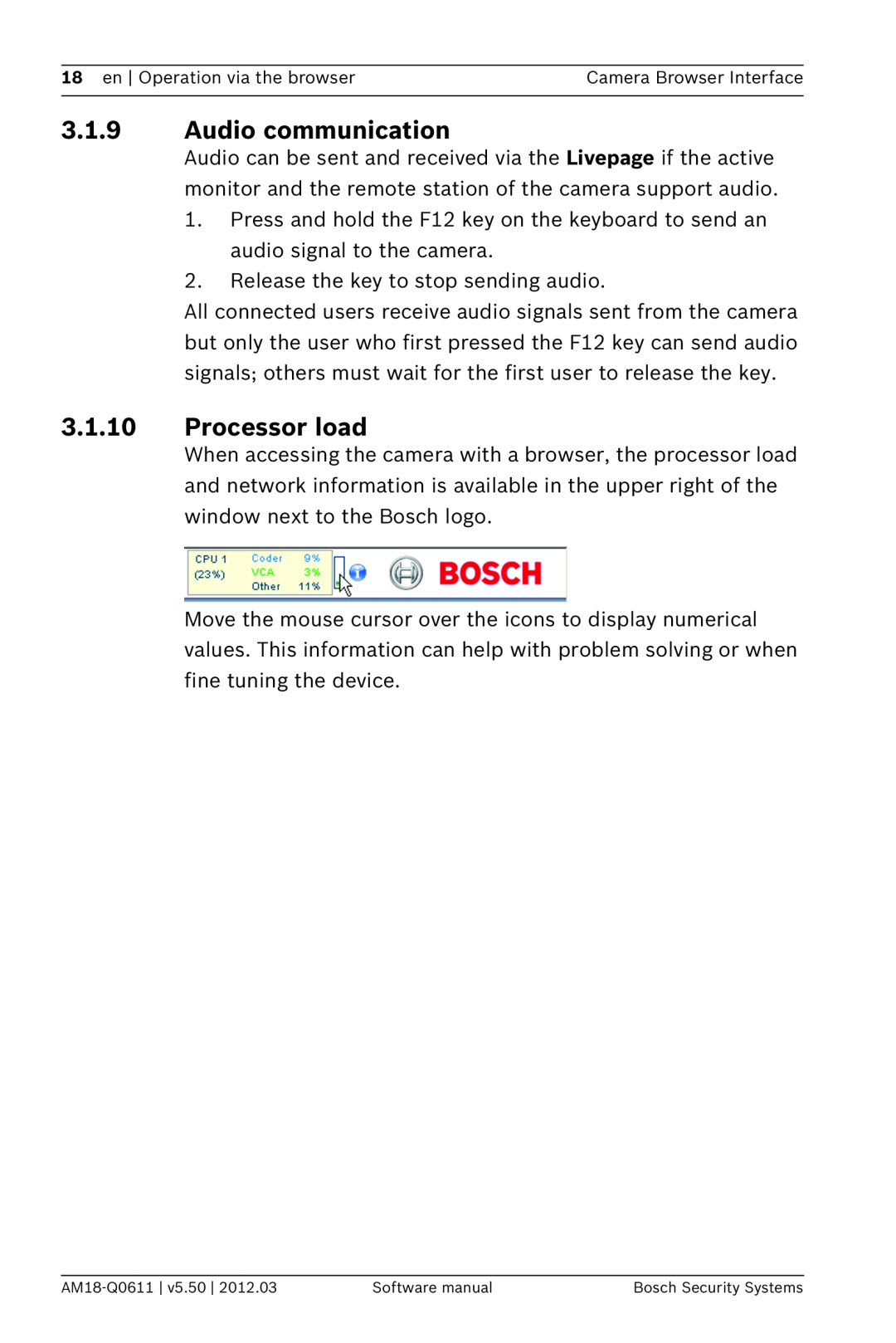 Bosch Appliances FW5.50 software manual 3.1.9Audio communication, 3.1.10Processor load 