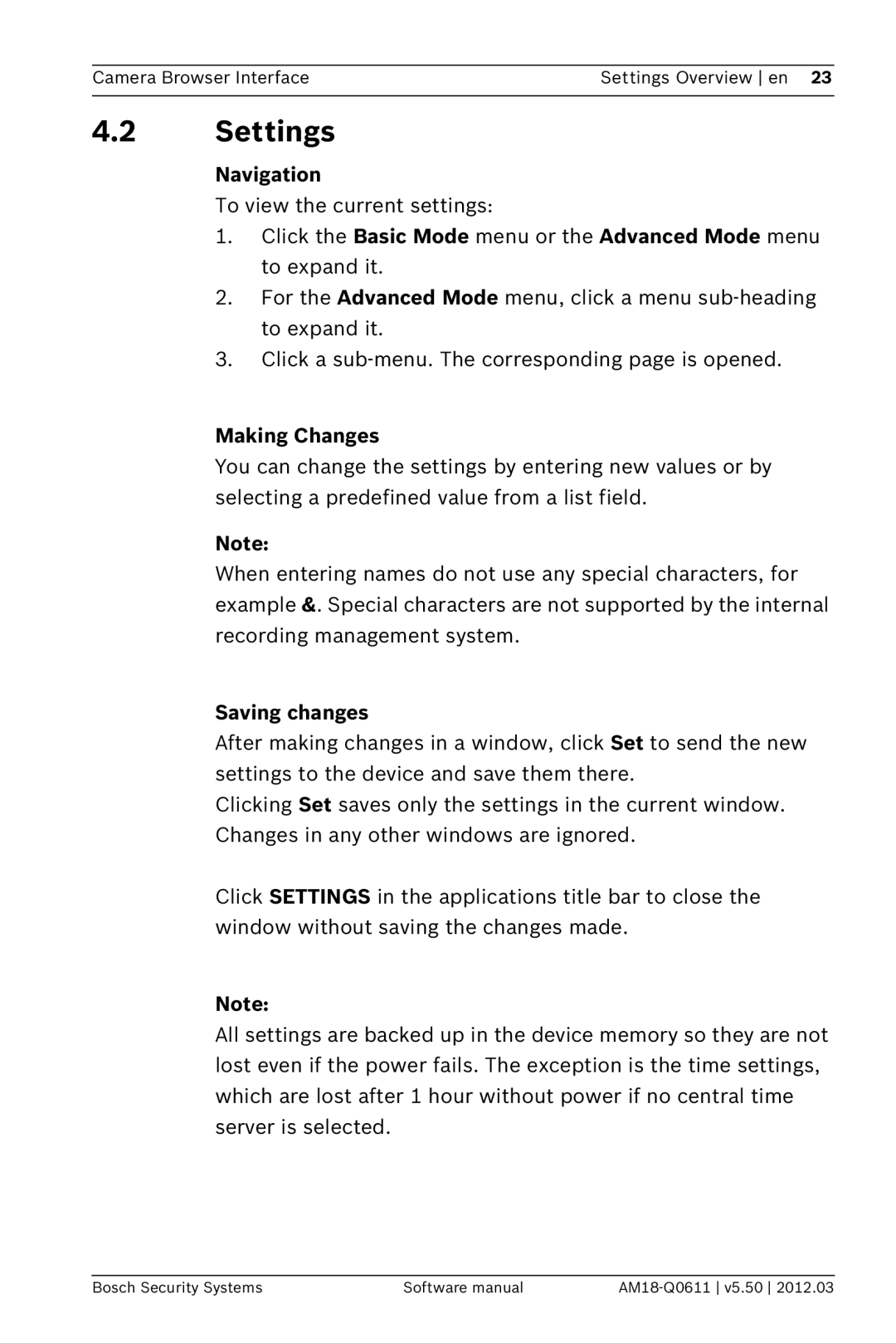 Bosch Appliances FW5.50 software manual 4.2Settings, Navigation, Making Changes, Saving changes 