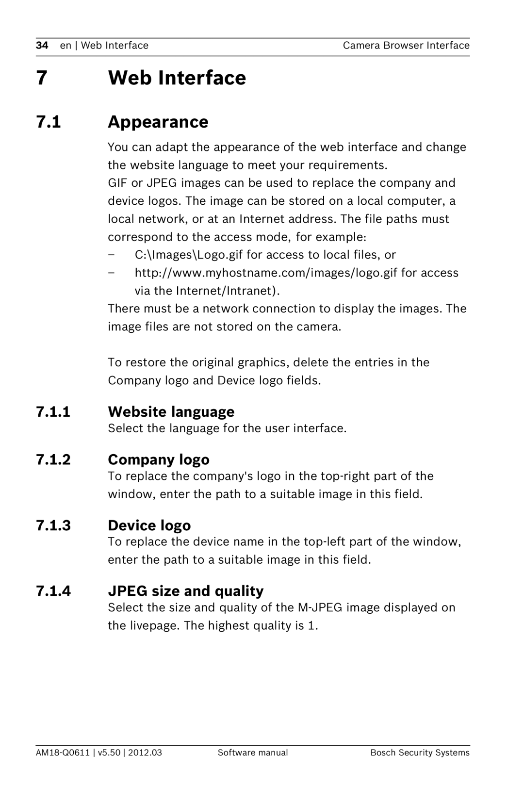 Bosch Appliances FW5.50 7Web Interface, 7.1Appearance, 7.1.1Website language, 7.1.2Company logo, 7.1.3Device logo 