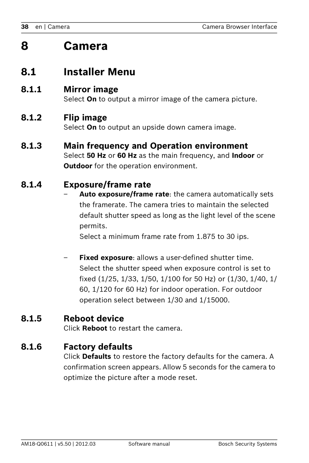 Bosch Appliances FW5.50 8Camera, 8.1Installer Menu, 8.1.1Mirror image, 8.1.2Flip image, 8.1.4Exposure/frame rate 