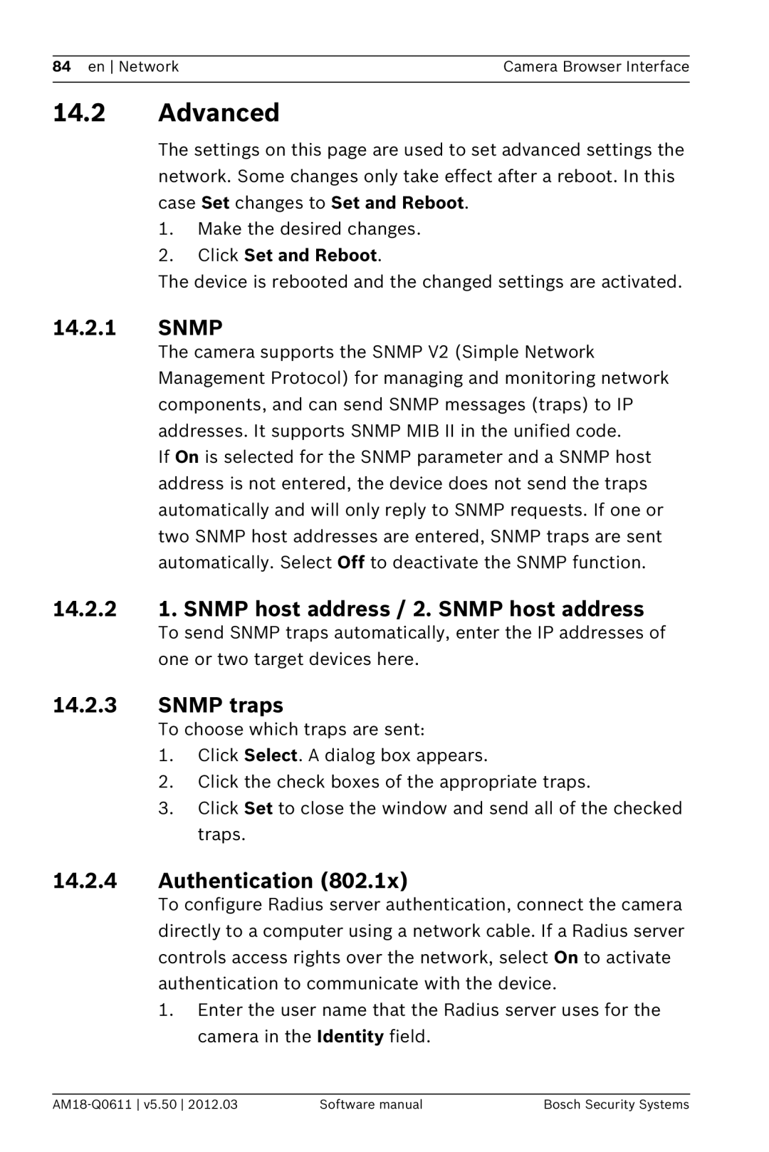 Bosch Appliances FW5.50 14.2Advanced, 14.2.1SNMP, SNMP host address / 2. SNMP host address, 14.2.3SNMP traps 