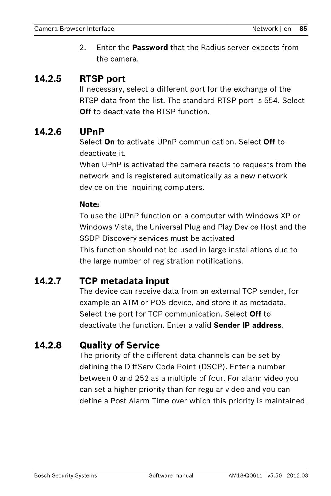Bosch Appliances FW5.50 software manual 14.2.5RTSP port, 14.2.6UPnP, 14.2.7TCP metadata input, 14.2.8Quality of Service 