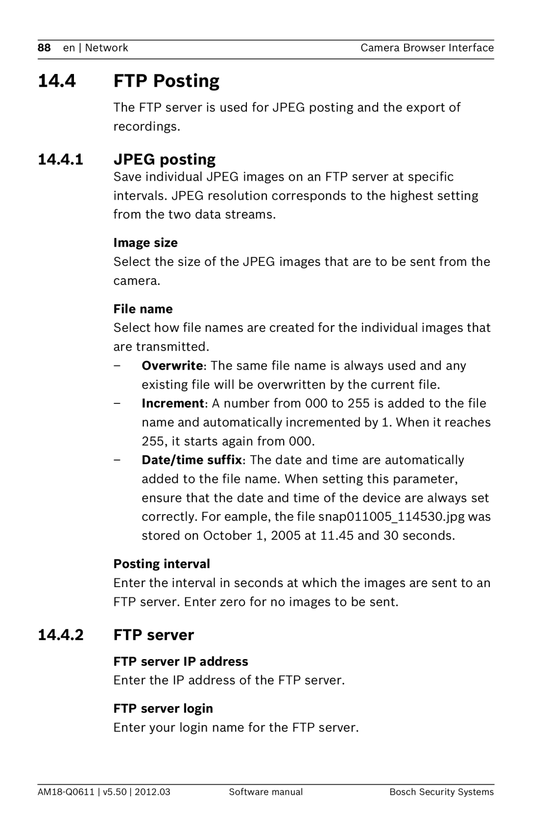 Bosch Appliances FW5.50 14.4FTP Posting, 14.4.1JPEG posting, 14.4.2FTP server, Image size, File name, Posting interval 