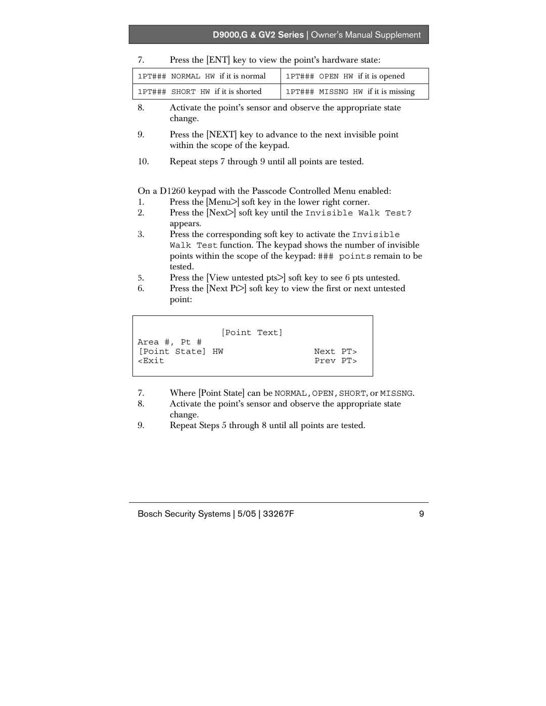 Bosch Appliances D9000, G owner manual Press the ENT key to view the point’s hardware state 