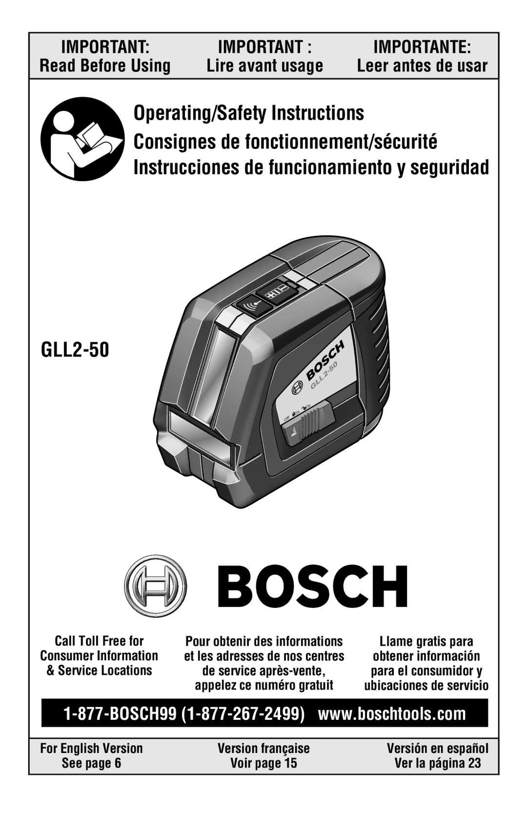 Bosch Appliances GLL2-50 manual Read Before Using, Ver la página 