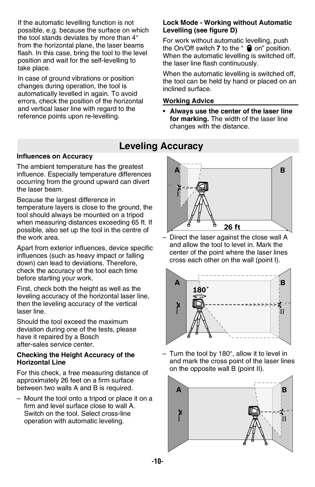 Bosch Appliances GLL2-50 manual Leveling Accuracy, Lock Mode Working without Automatic Levelling see figure D 