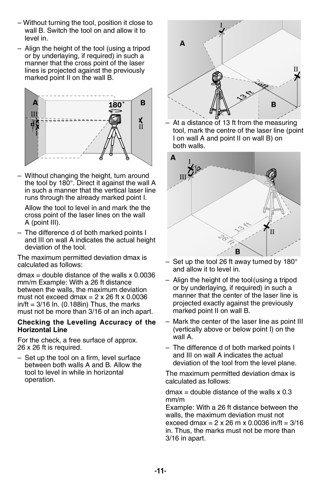 Bosch Appliances GLL2-50 manual 180˚ B, Checking the Leveling Accuracy of the Horizontal Line 