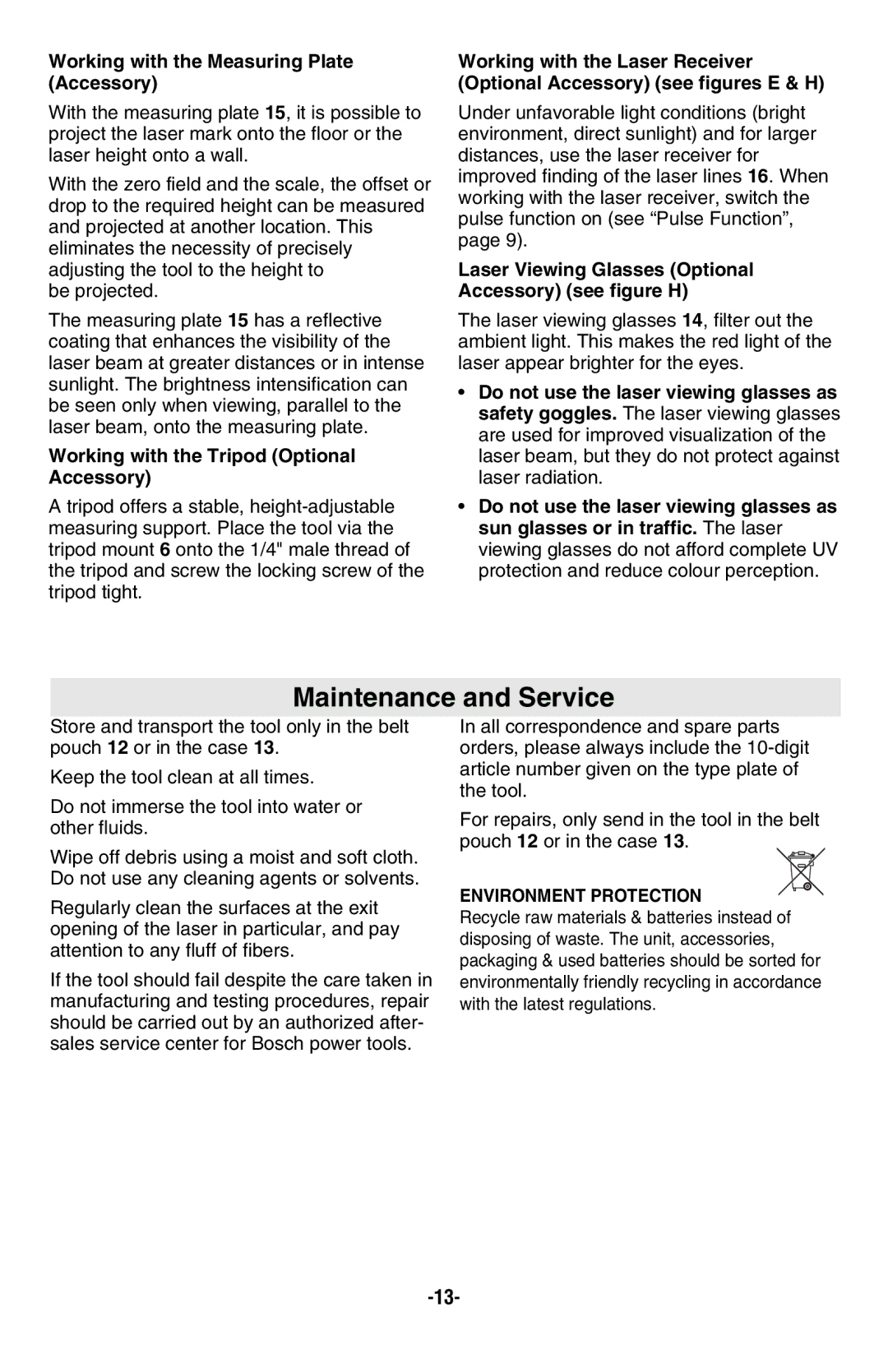 Bosch Appliances GLL2-50 manual Maintenance and Service, Working with the Measuring Plate Accessory 