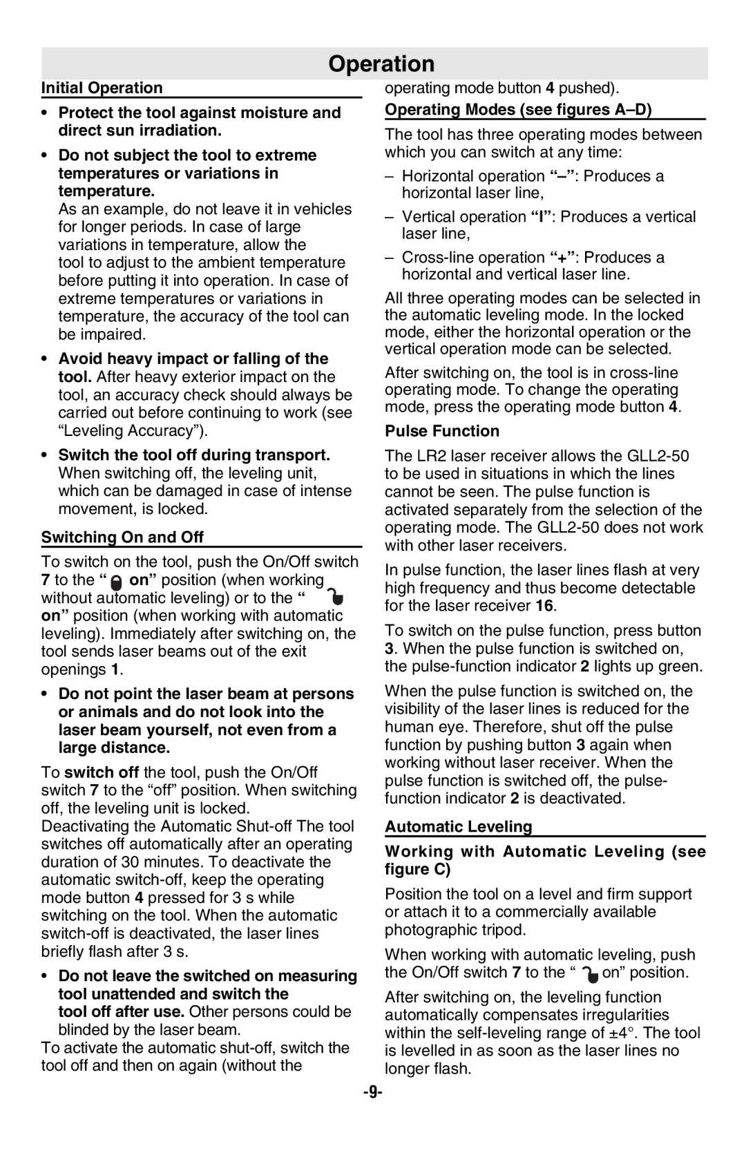 Bosch Appliances GLL2-50 manual Operation, Operating Modes see figures A-D, Pulse Function 