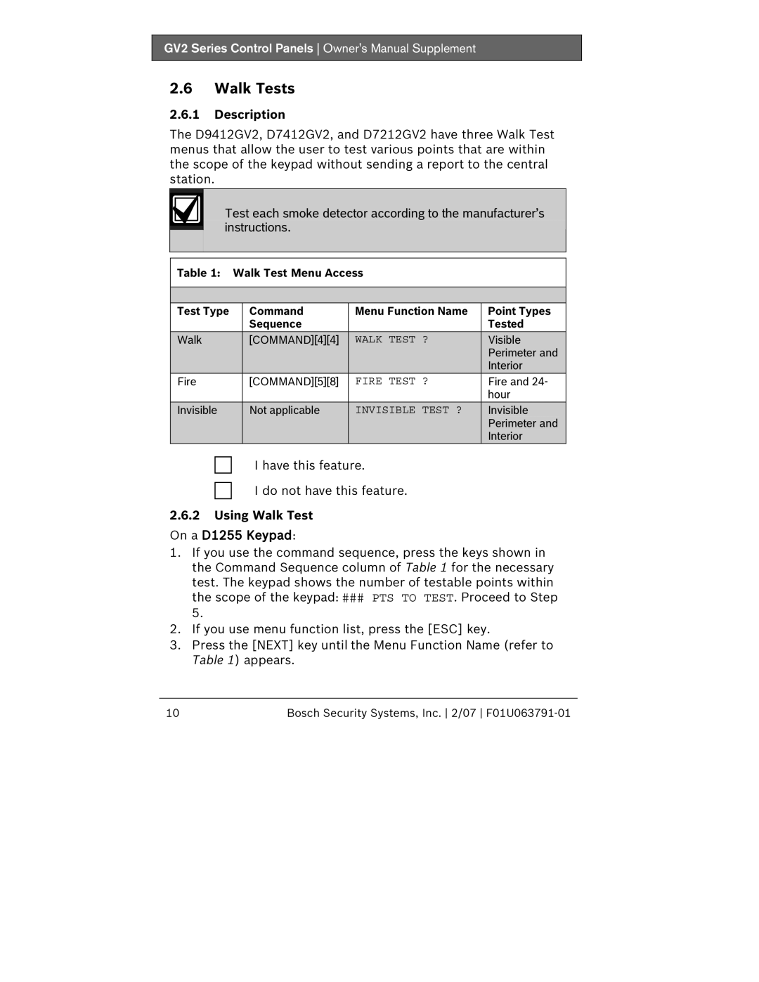 Bosch Appliances GV2 owner manual Walk Tests, Using Walk Test On a D1255 Keypad 