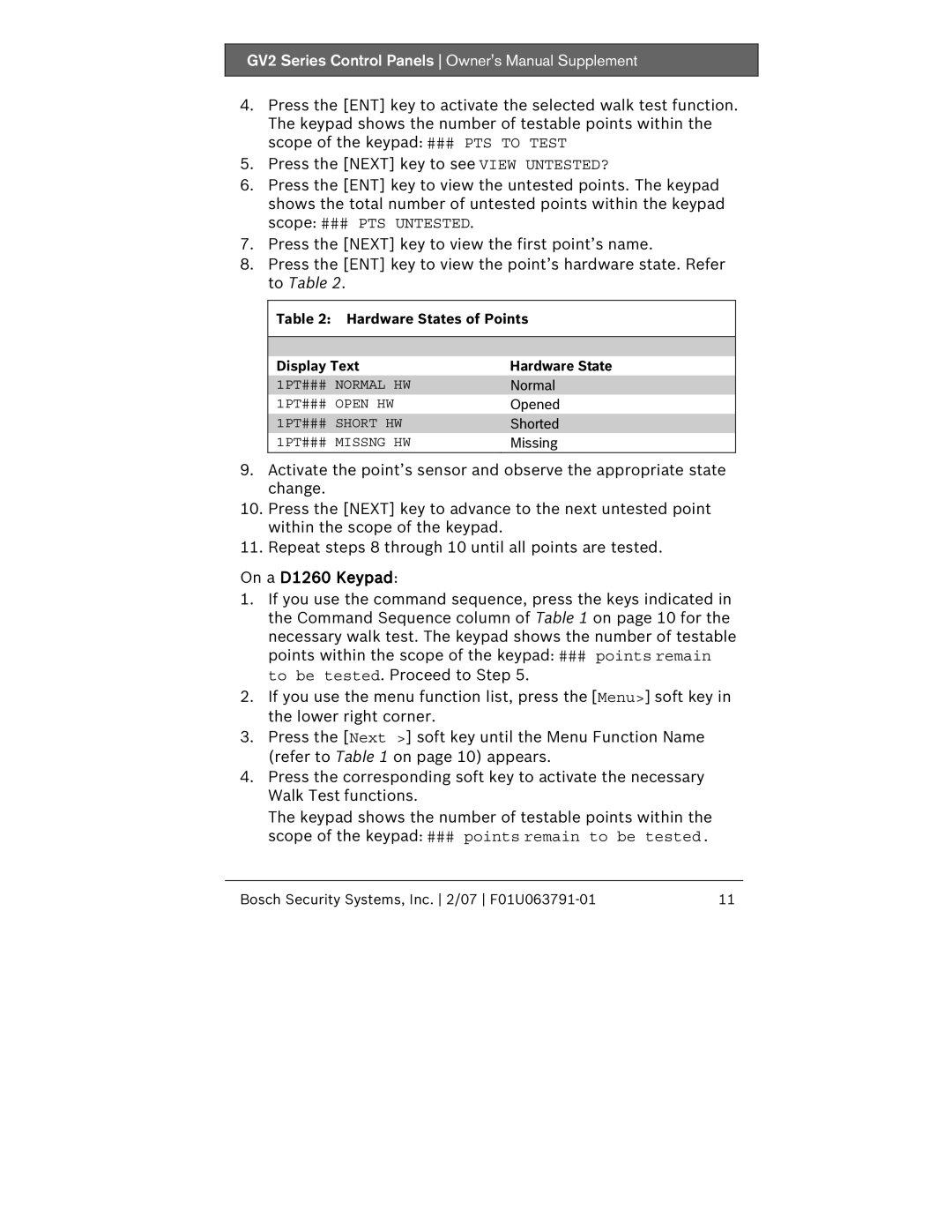 Bosch Appliances GV2 owner manual On a D1260 Keypad, Hardware States of Points 