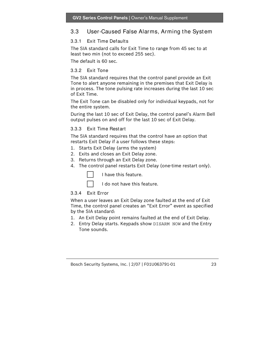 Bosch Appliances GV2 User-Caused False Alarms, Arming the System, Exit Time Defaults, Exit Tone, Exit Time Restart 