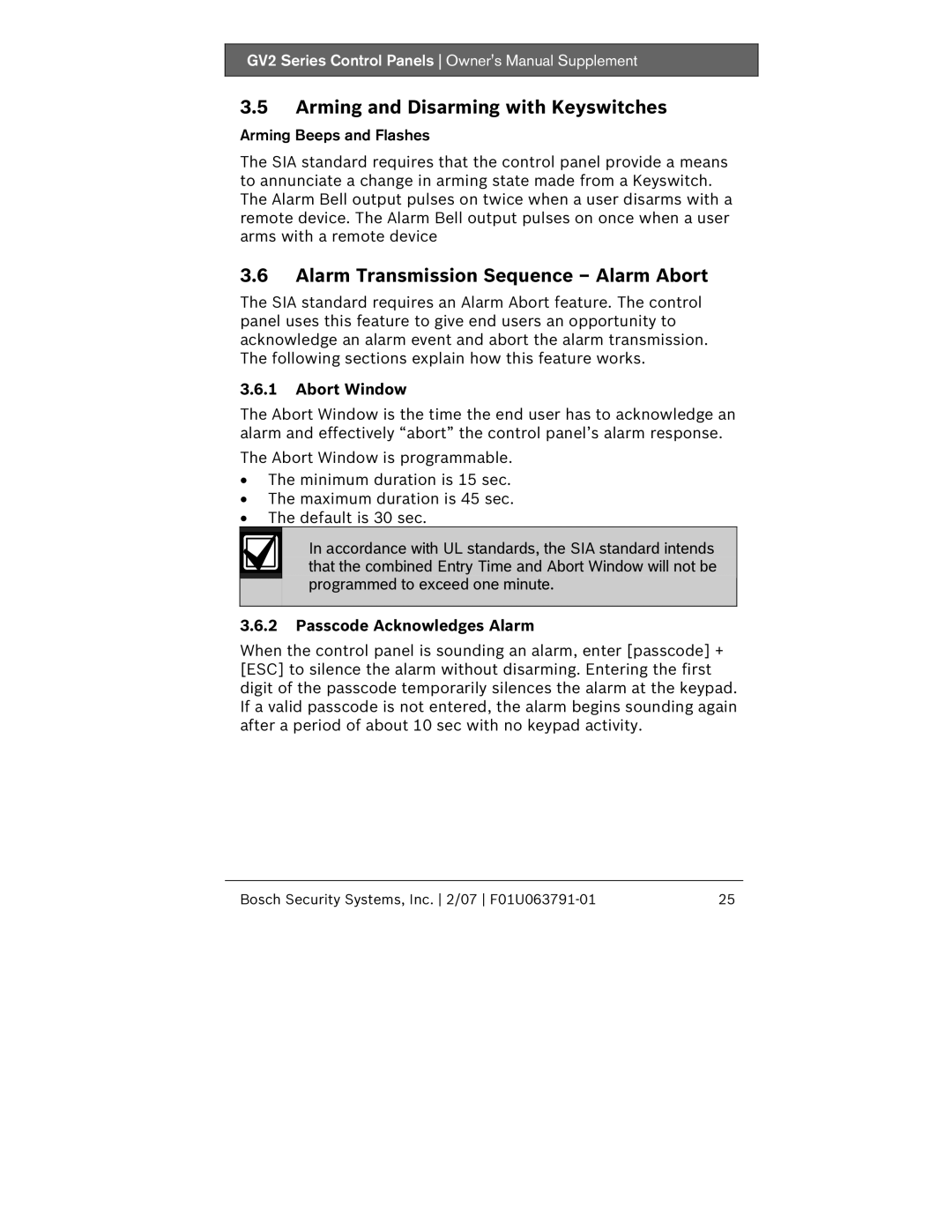 Bosch Appliances GV2 Arming and Disarming with Keyswitches, Alarm Transmission Sequence Alarm Abort, Abort Window 