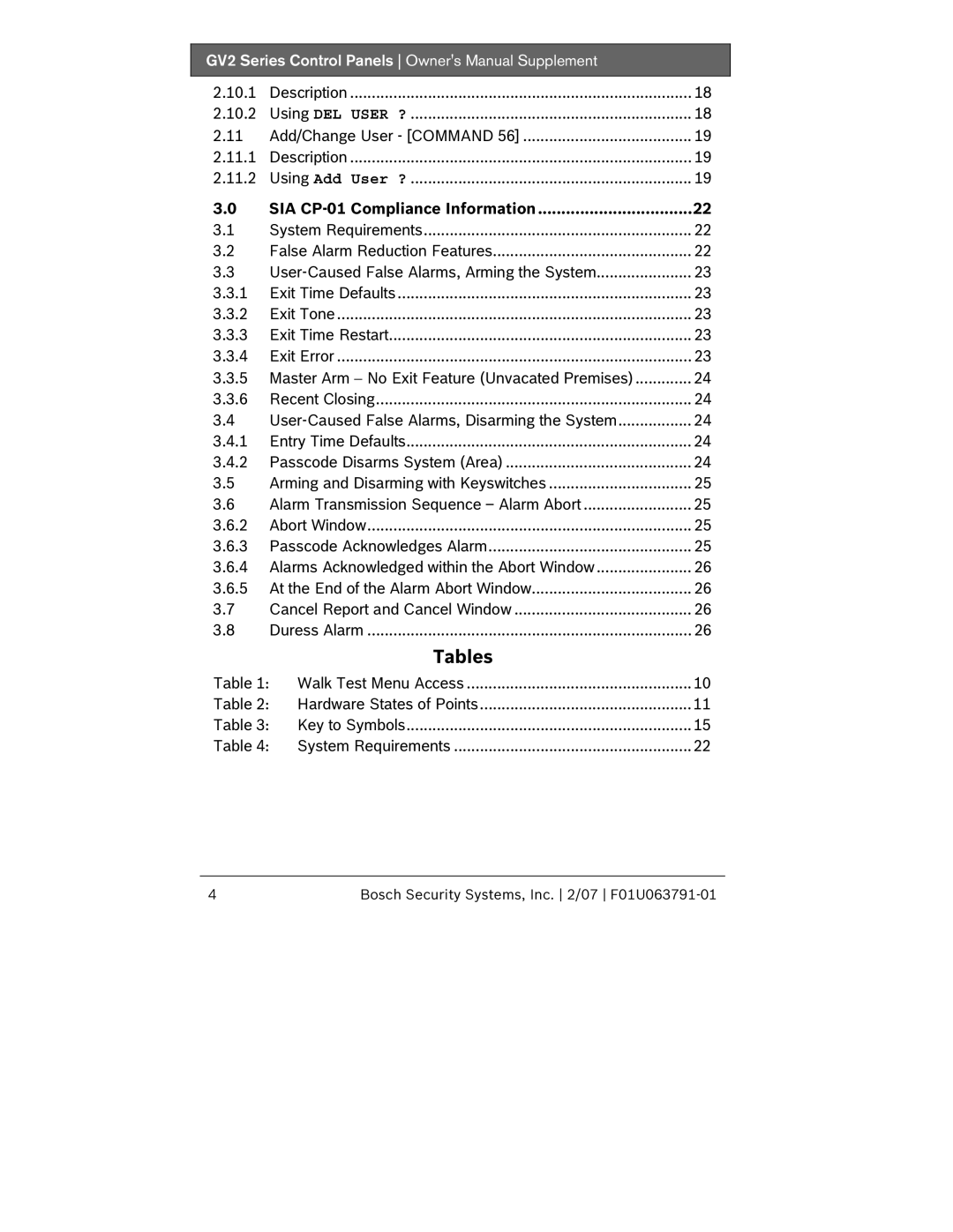 Bosch Appliances GV2 owner manual Tables, SIA CP-01 Compliance Information 