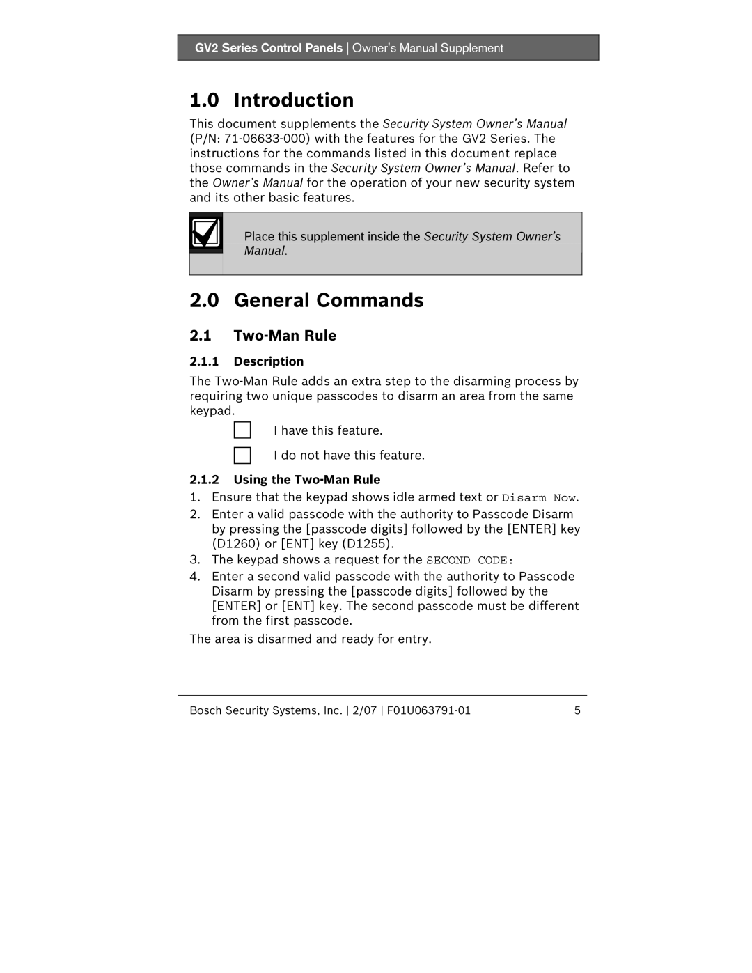 Bosch Appliances GV2 owner manual Description, Using the Two-Man Rule 