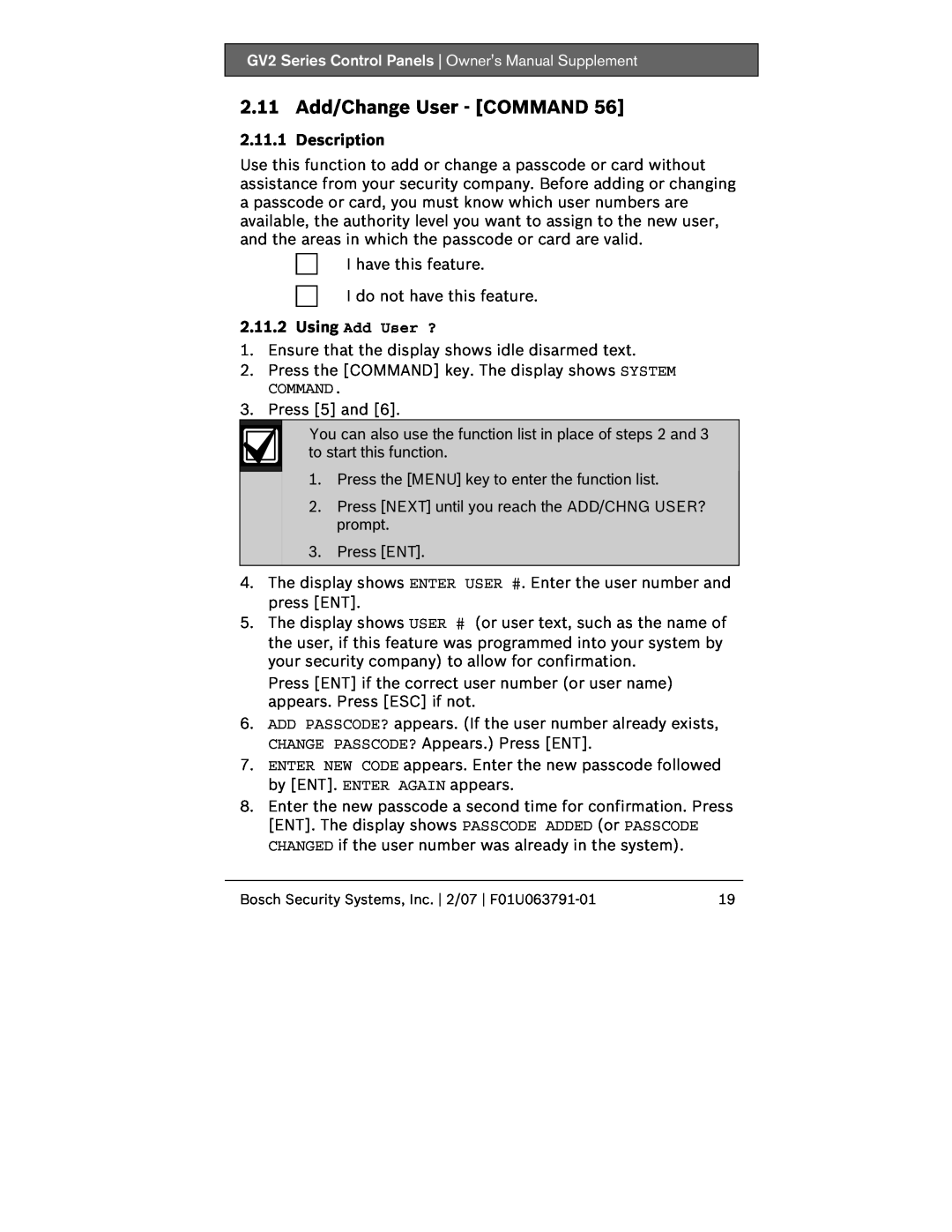 Bosch Appliances GV2 owner manual 2.11 Add/Change User - COMMAND, Description, 2.11.2Using Add User ? 