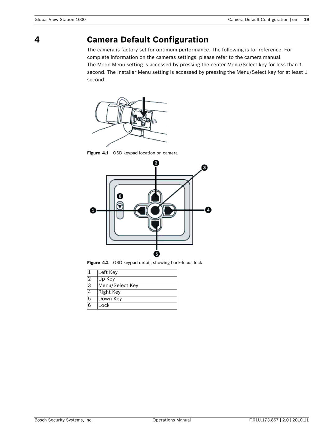 Bosch Appliances GVS1000 manual 4Camera Default Configuration, Lock 