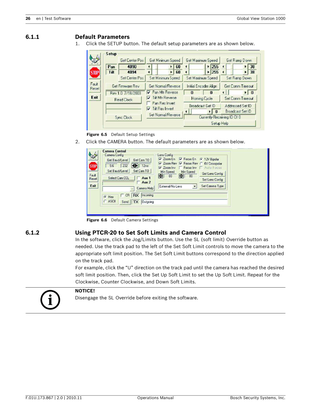 Bosch Appliances GVS1000 manual Default Parameters, Using PTCR-20 to Set Soft Limits and Camera Control 