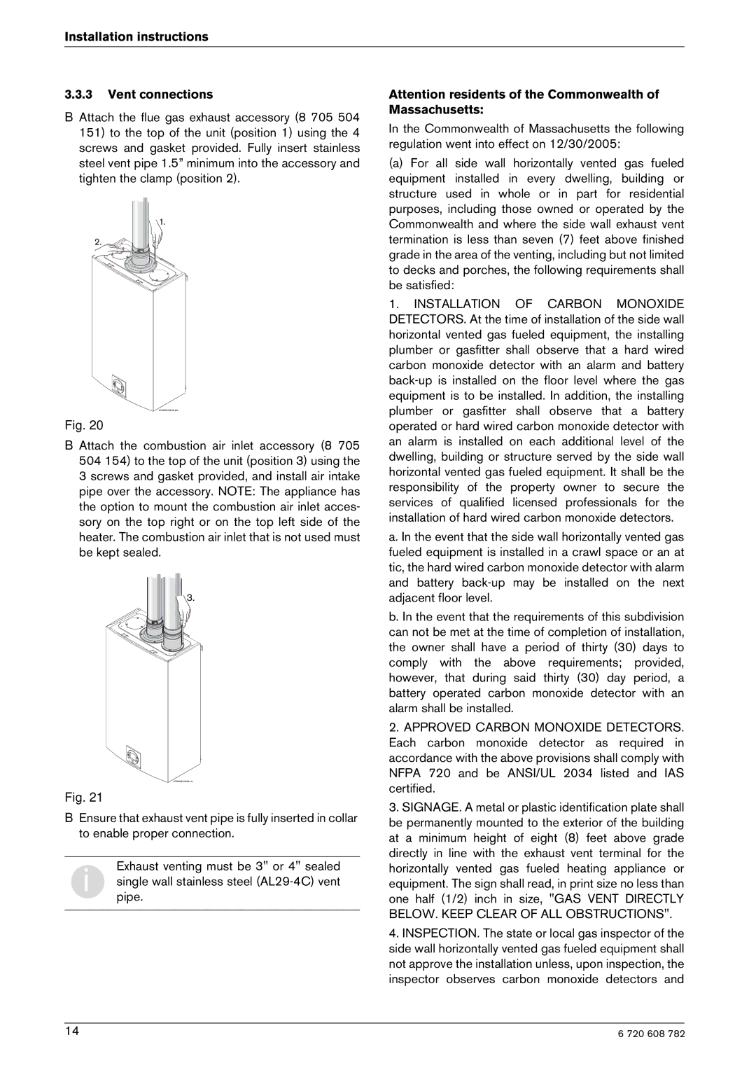 Bosch Appliances GWH 2400 ES LP, GWH 2400 ES NG manual Installation instructions Vent connections 