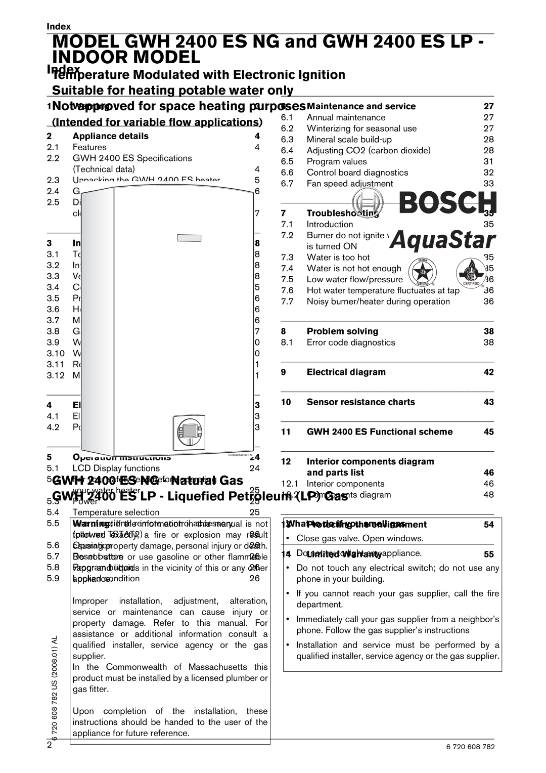 Bosch Appliances GWH 2400 ES LP, GWH 2400 ES NG manual Index 