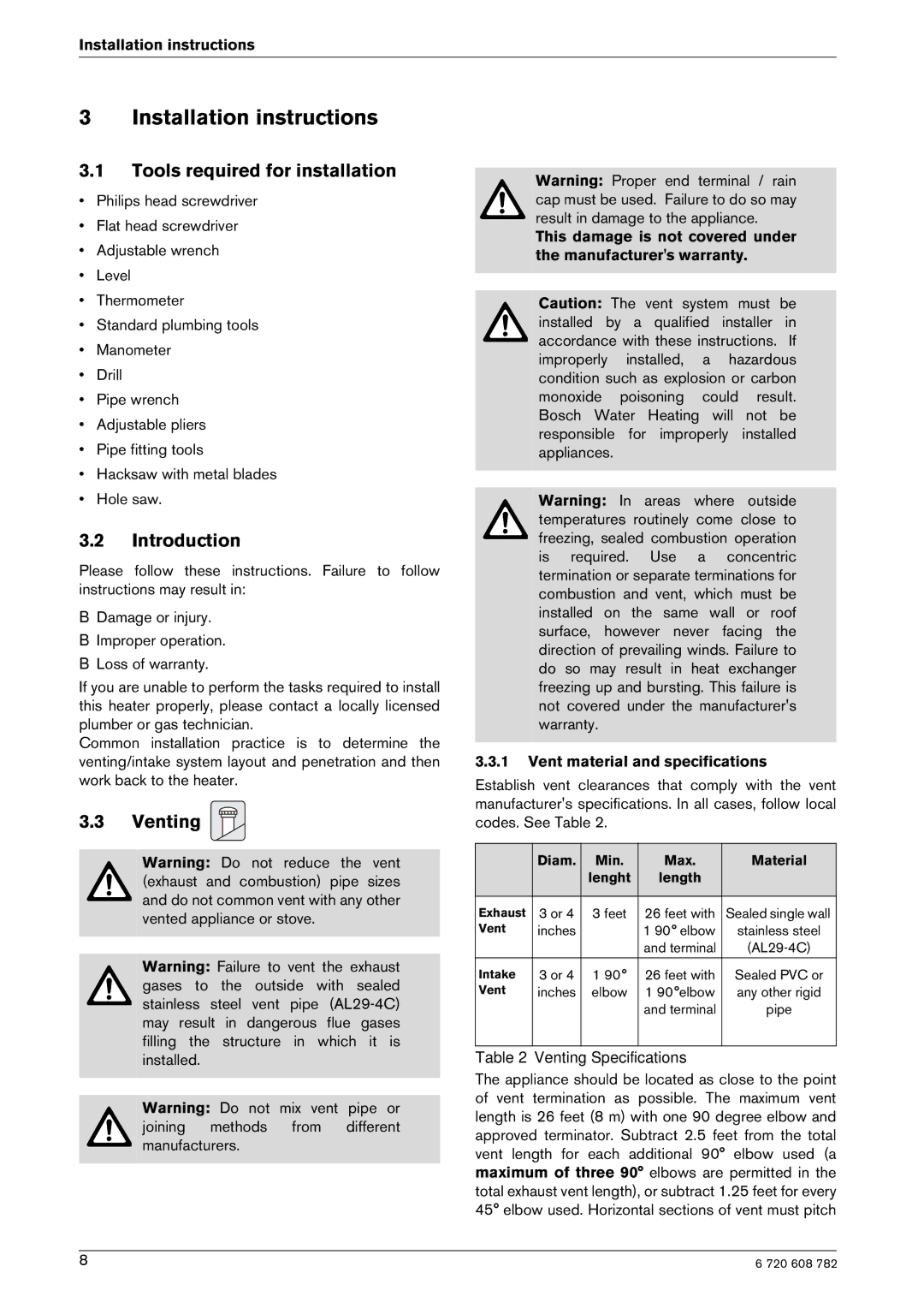 Bosch Appliances GWH 2400 ES LP manual Installation instructions, Tools required for installation, Introduction, Venting 