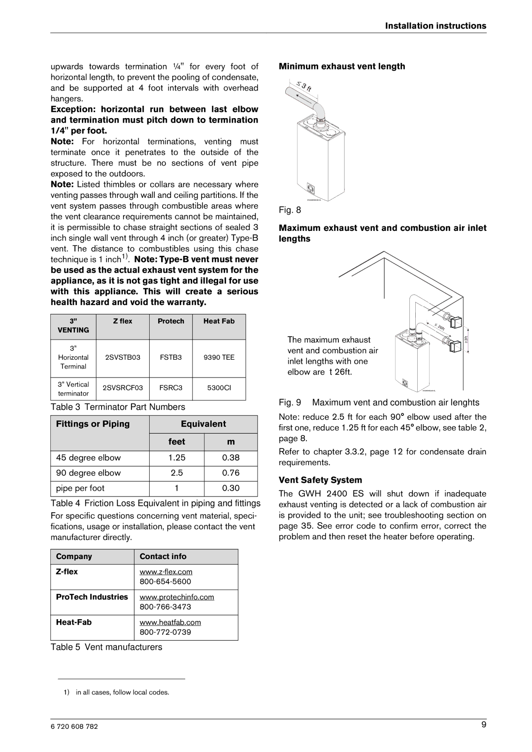 Bosch Appliances GWH 2400 ES NG, GWH 2400 ES LP manual Fittings or Piping Equivalent Feet, Vent Safety System 