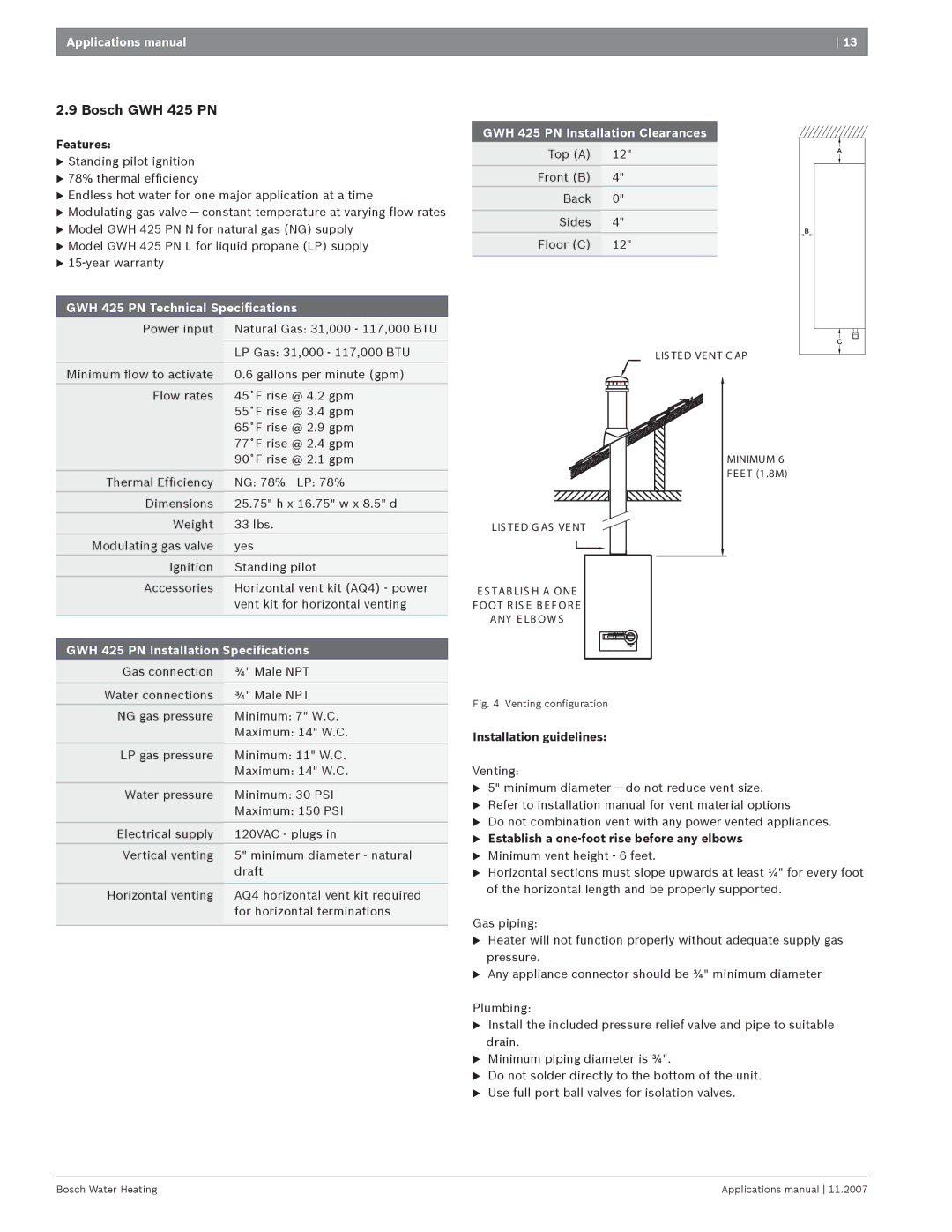 Bosch Appliances GWH 425 PN/HN4GWH 4254 manual GWH 425 PN Technical Speciﬁcations, GWH 425 PN Installation Speciﬁcations 