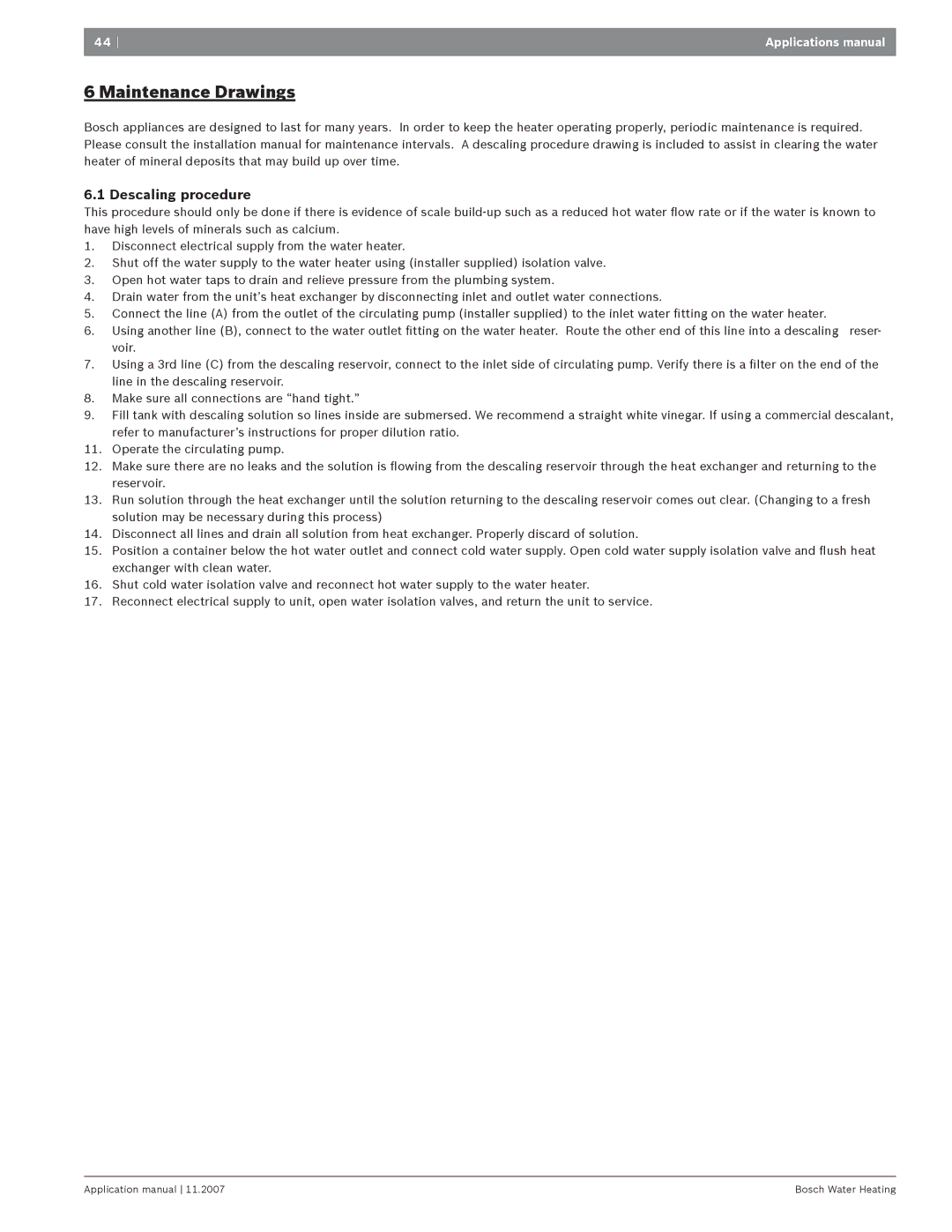 Bosch Appliances GWH 260 PN/HN2, GWH 425 PN/HN4GWH 4254 manual Descaling procedure 