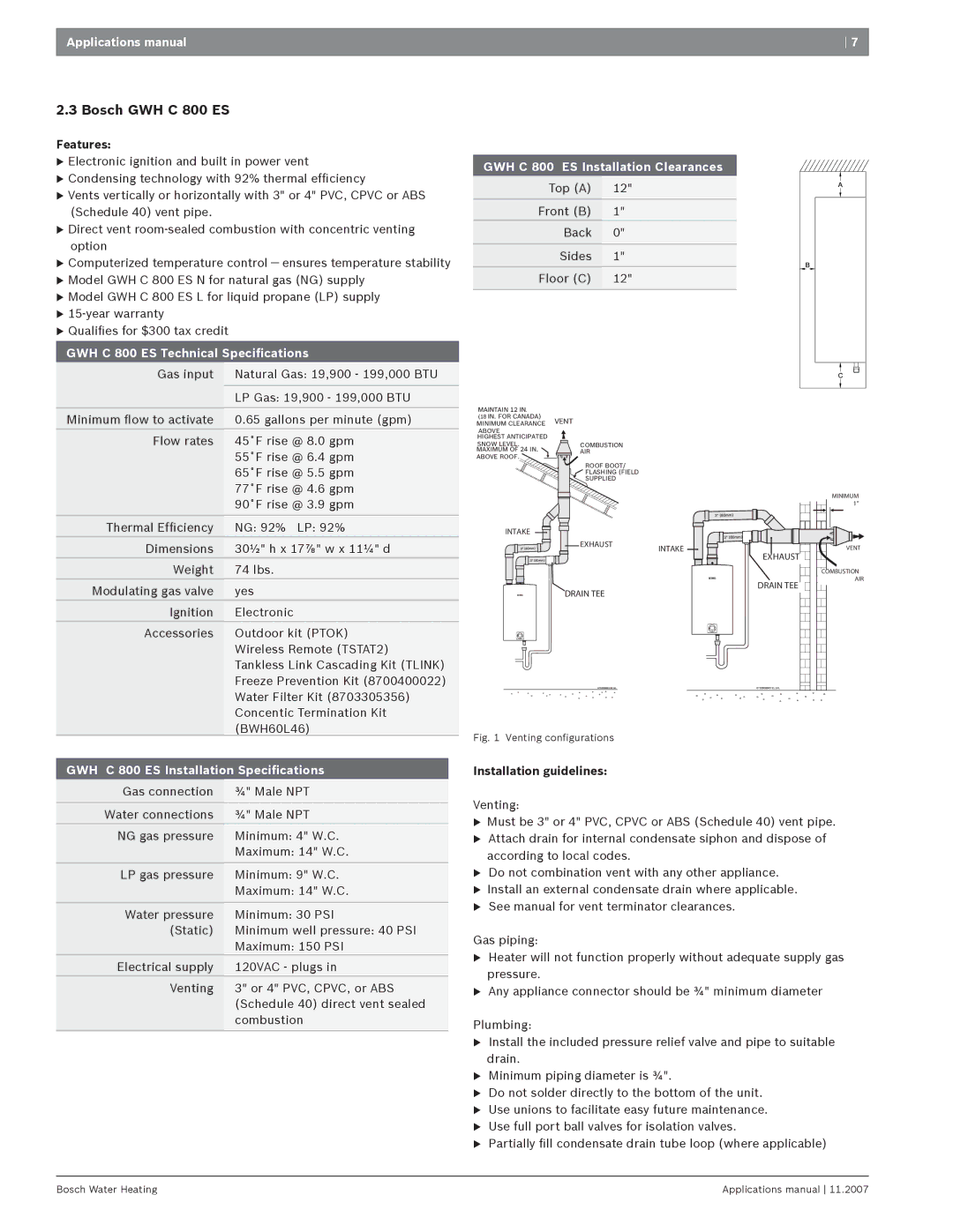 Bosch Appliances GWH 425 PN/HN4GWH 4254 GWH C 800 ES Technical Speciﬁcations, GWH C 800 ES Installation Speciﬁcations 