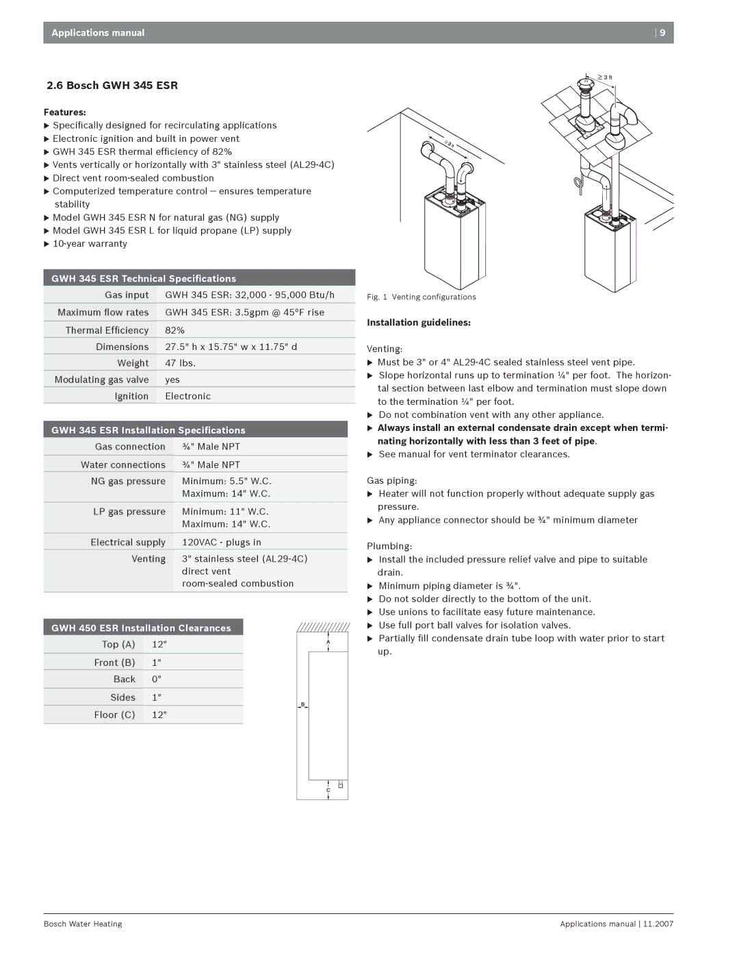 Bosch Appliances GWH 425 PN/HN4GWH 4254 manual GWH 345 ESR Technical Speciﬁcations, GWH 345 ESR Installation Speciﬁcations 