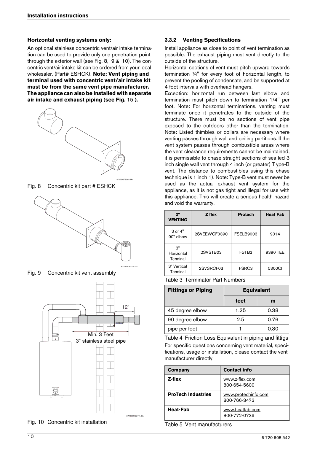 Bosch Appliances ESVVT, GWH 2700 ES LP Installation instructions Horizontal venting systems only, Venting Specifications 