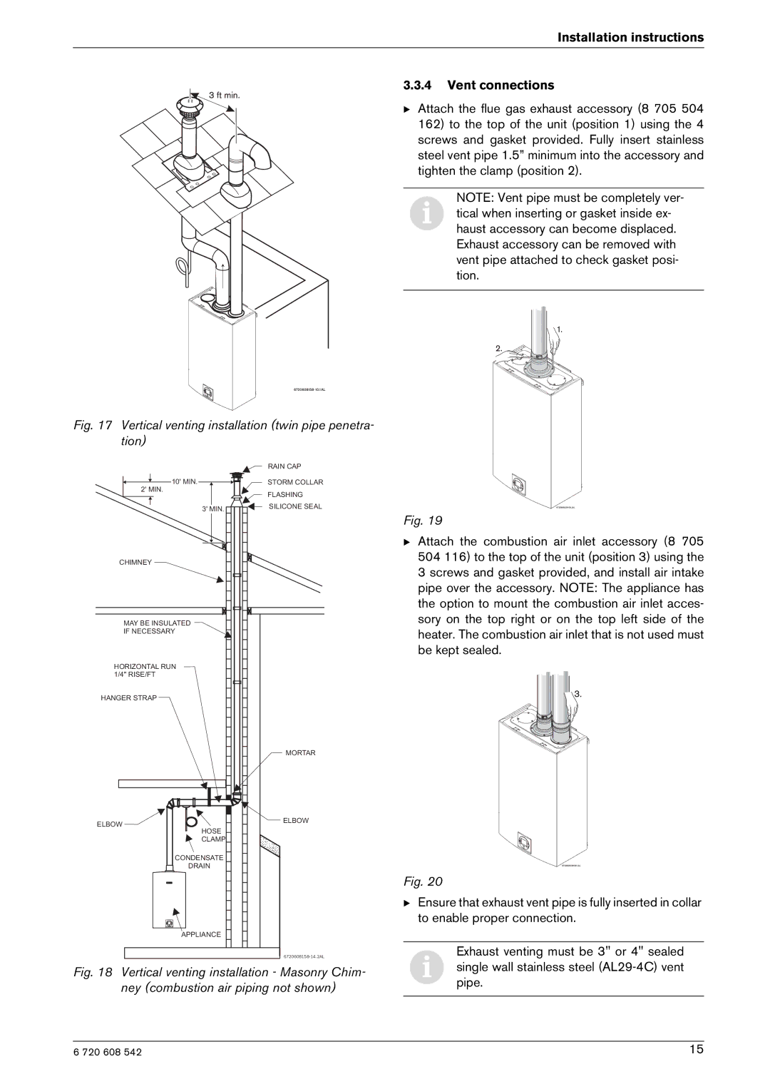 Bosch Appliances GWH 2700 ES LP, ESVVT manual Vertical venting installation twin pipe penetra- tion, Vent connections 