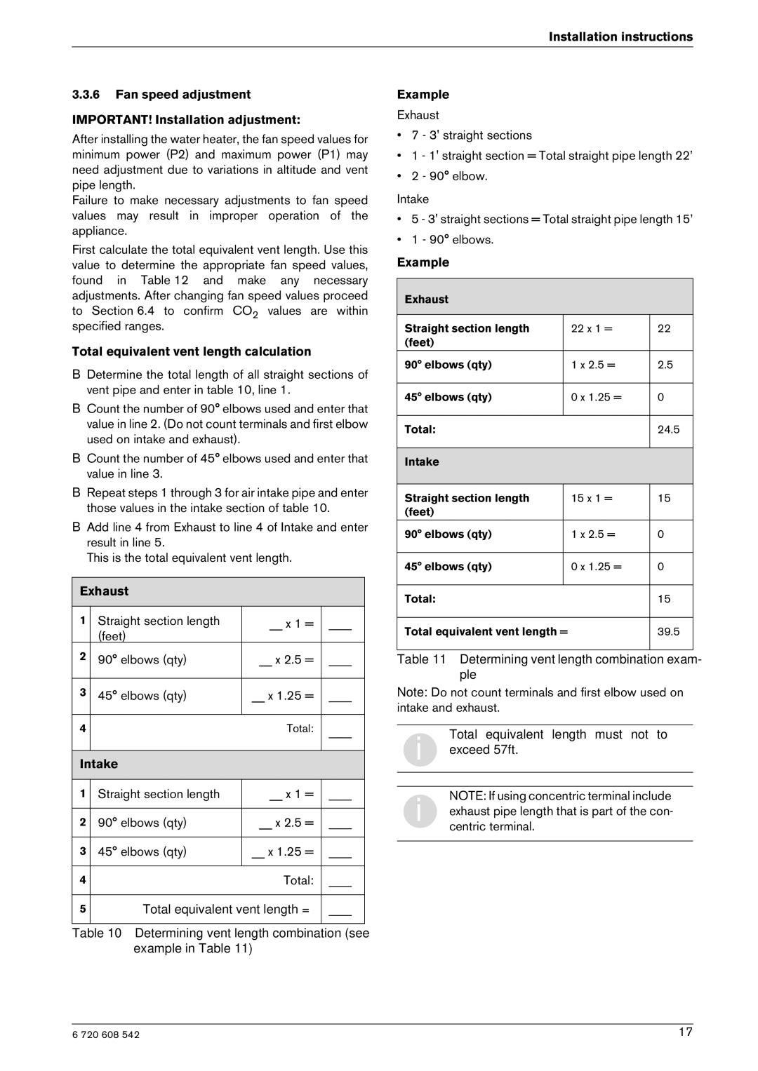 Bosch Appliances GWH 2700 ES NG, GWH 2700 ES LP, ESVVT Total equivalent vent length calculation, Exhaust, Intake, Example 