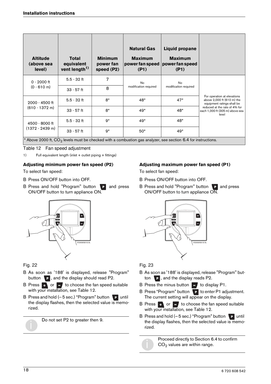 Bosch Appliances GWH 2700 ES LP, ESVVT, GWH 2700 ES NG Level Vent length1 Speed P2, Adjusting minimum power fan speed P2 