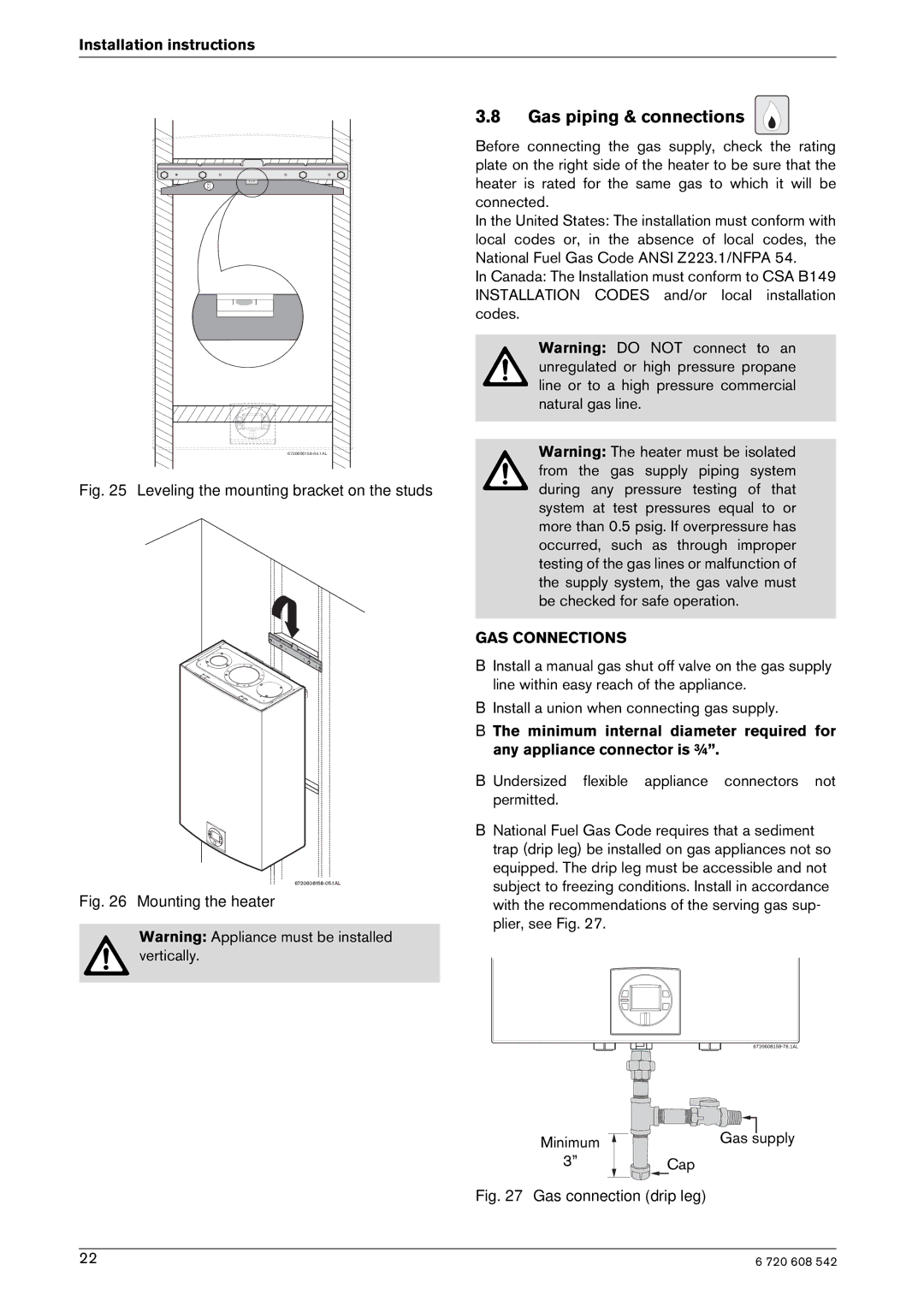 Bosch Appliances ESVVT, GWH 2700 ES LP, GWH 2700 ES NG manual Gas piping & connections 