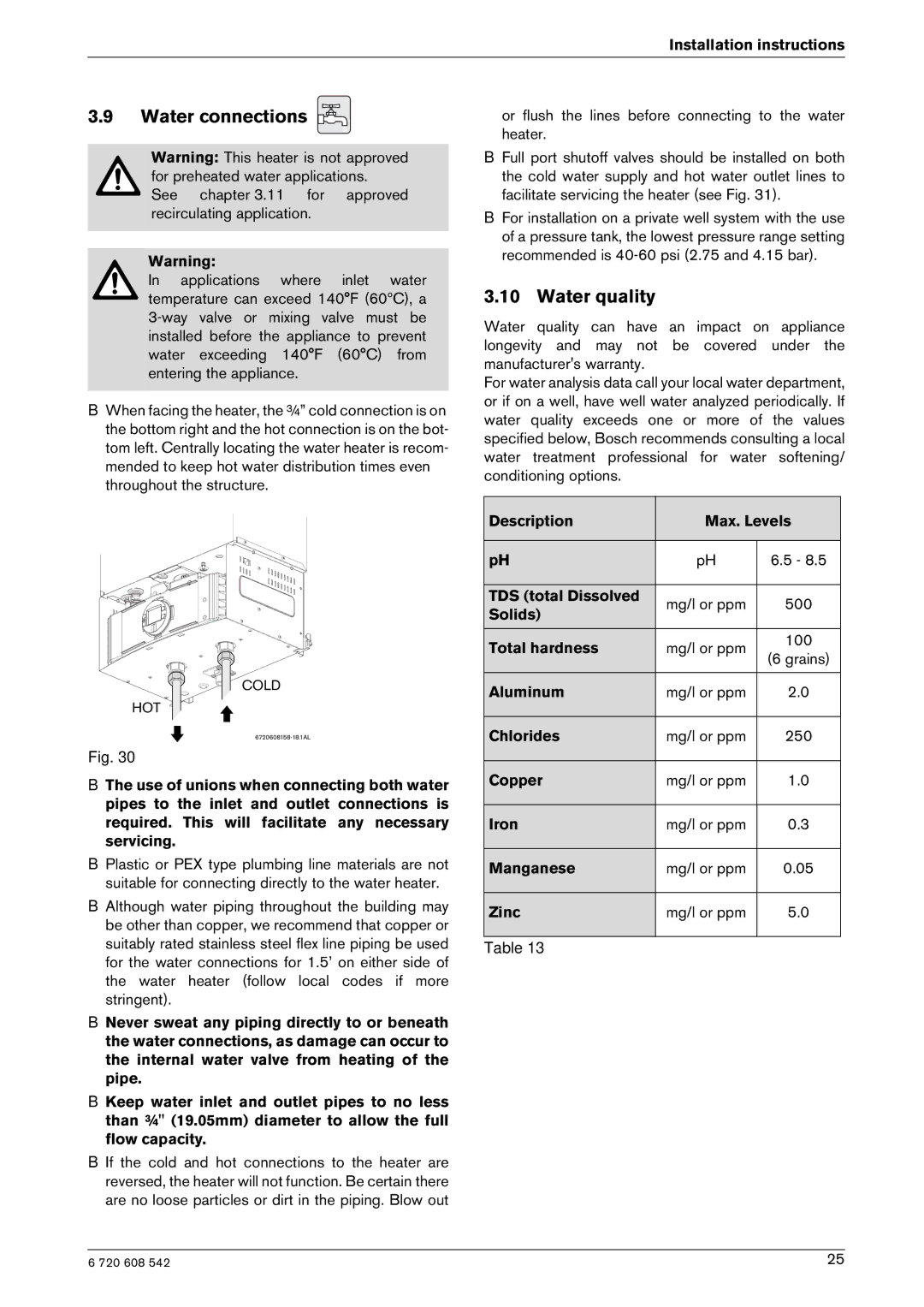 Bosch Appliances ESVVT, GWH 2700 ES LP, GWH 2700 ES NG manual Water connections, Water quality 