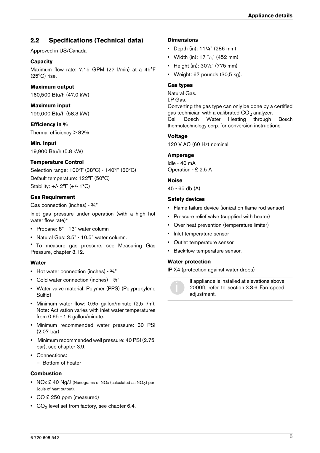 Bosch Appliances GWH 2700 ES NG, GWH 2700 ES LP, ESVVT manual Specifications Technical data 