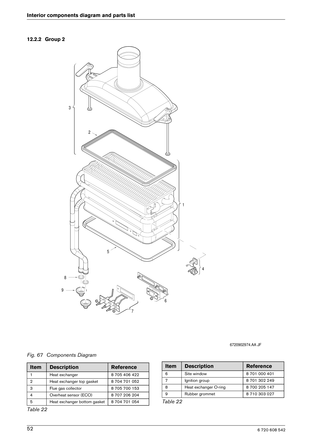 Bosch Appliances ESVVT, GWH 2700 ES LP, GWH 2700 ES NG manual Interior components diagram and parts list Group 