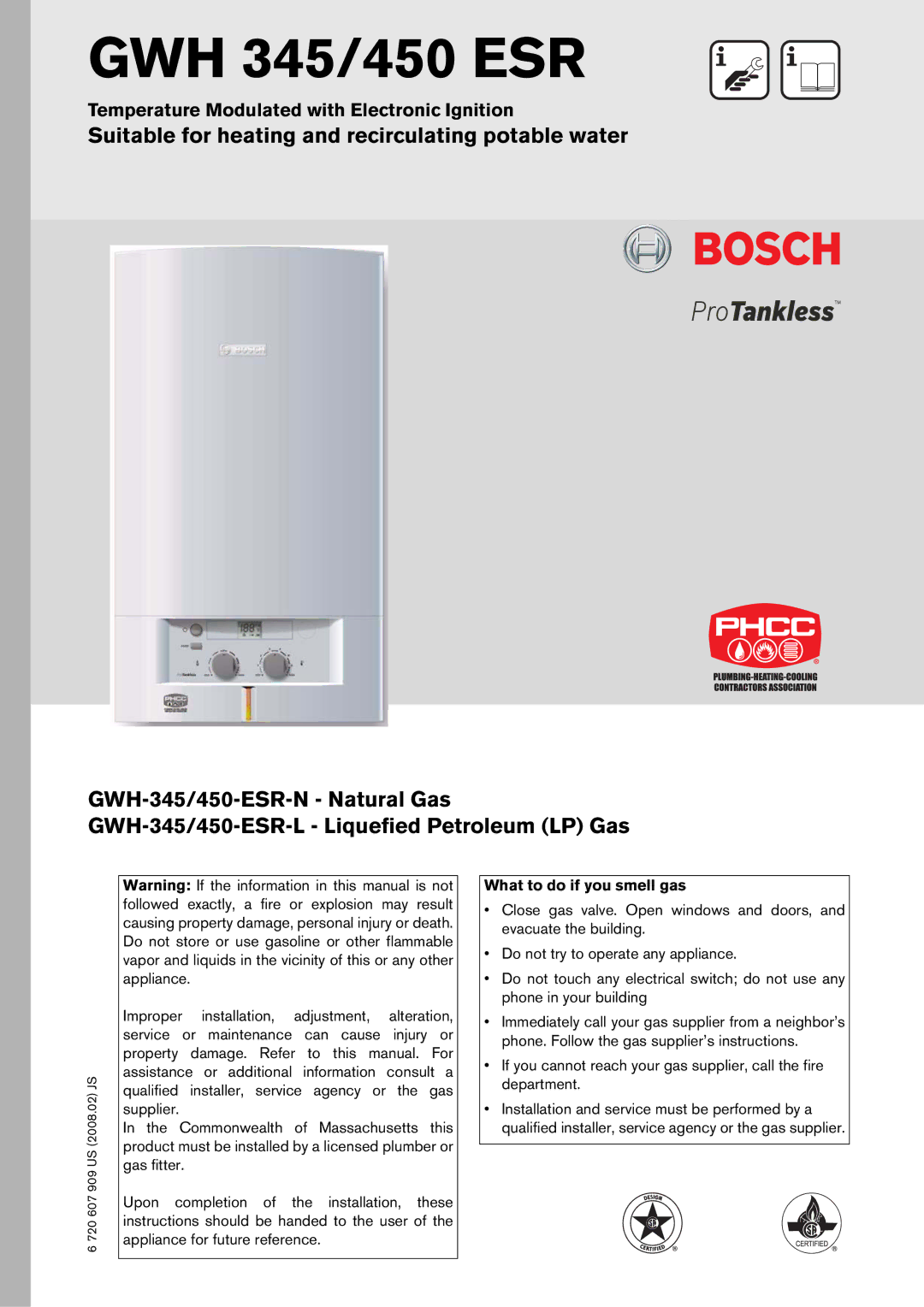 Bosch Appliances GWH-345/450-ESR-N manual Temperature Modulated with Electronic Ignition, What to do if you smell gas 