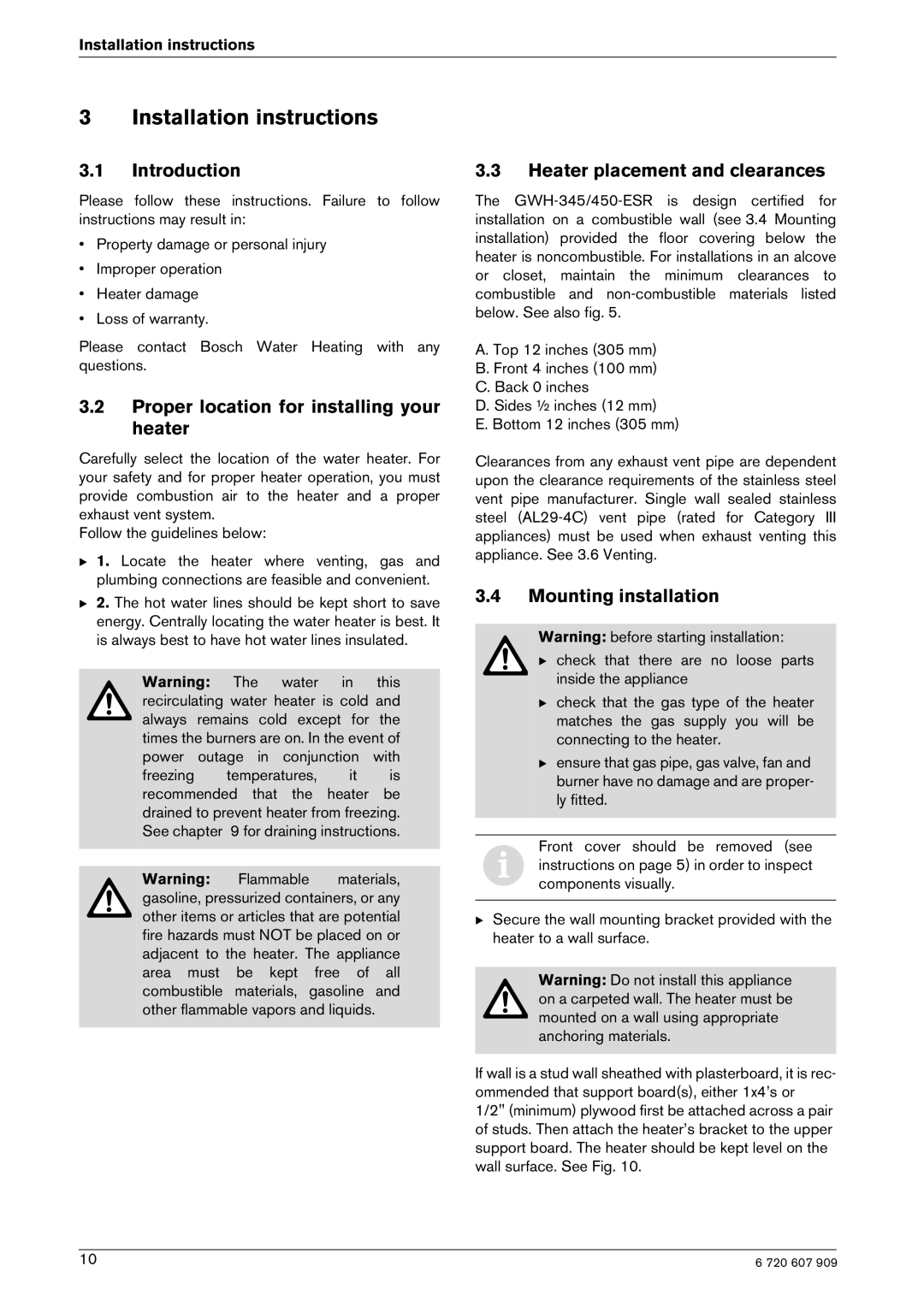 Bosch Appliances GWH-345/450-ESR-L Installation instructions, Introduction, Proper location for installing your heater 