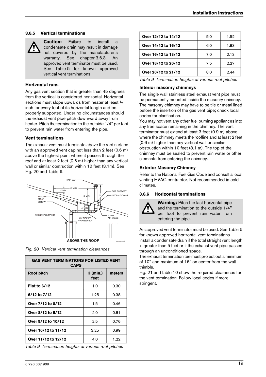 Bosch Appliances GWH-345/450-ESR-N manual Vent terminations, Interior masonry chimneys, Exterior Masonry Chimney 