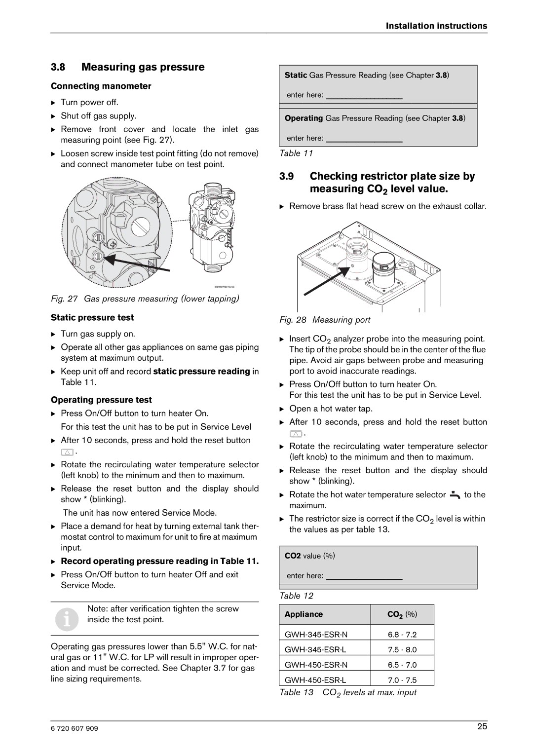 Bosch Appliances GWH-345/450-ESR-N Measuring gas pressure, Checking restrictor plate size by measuring CO2 level value 